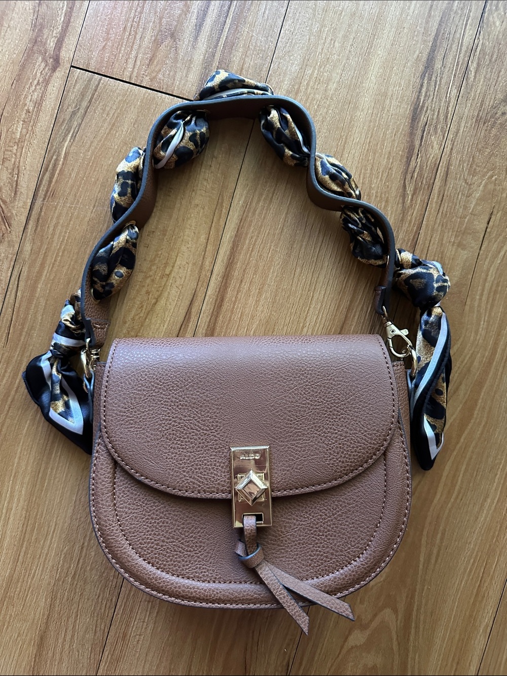 Aldo Brown Pebbled Leather Bag with Scarf-Wrapped Strap & Crossbody Strap